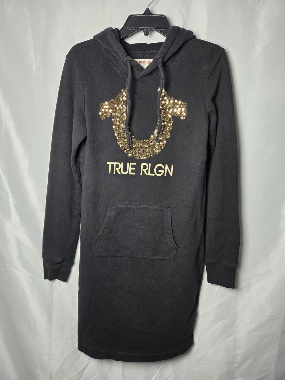 True Religion Black Hoodie Dress with Gold Sequin Horseshoe